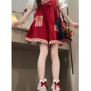 童趣格纹背带短裤女叠穿娃娃领上衣两件套