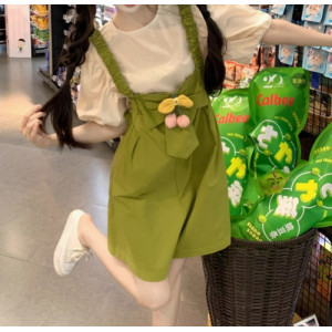 新款韩版小清新甜美减龄花朵背带裤+短袖上衣套装